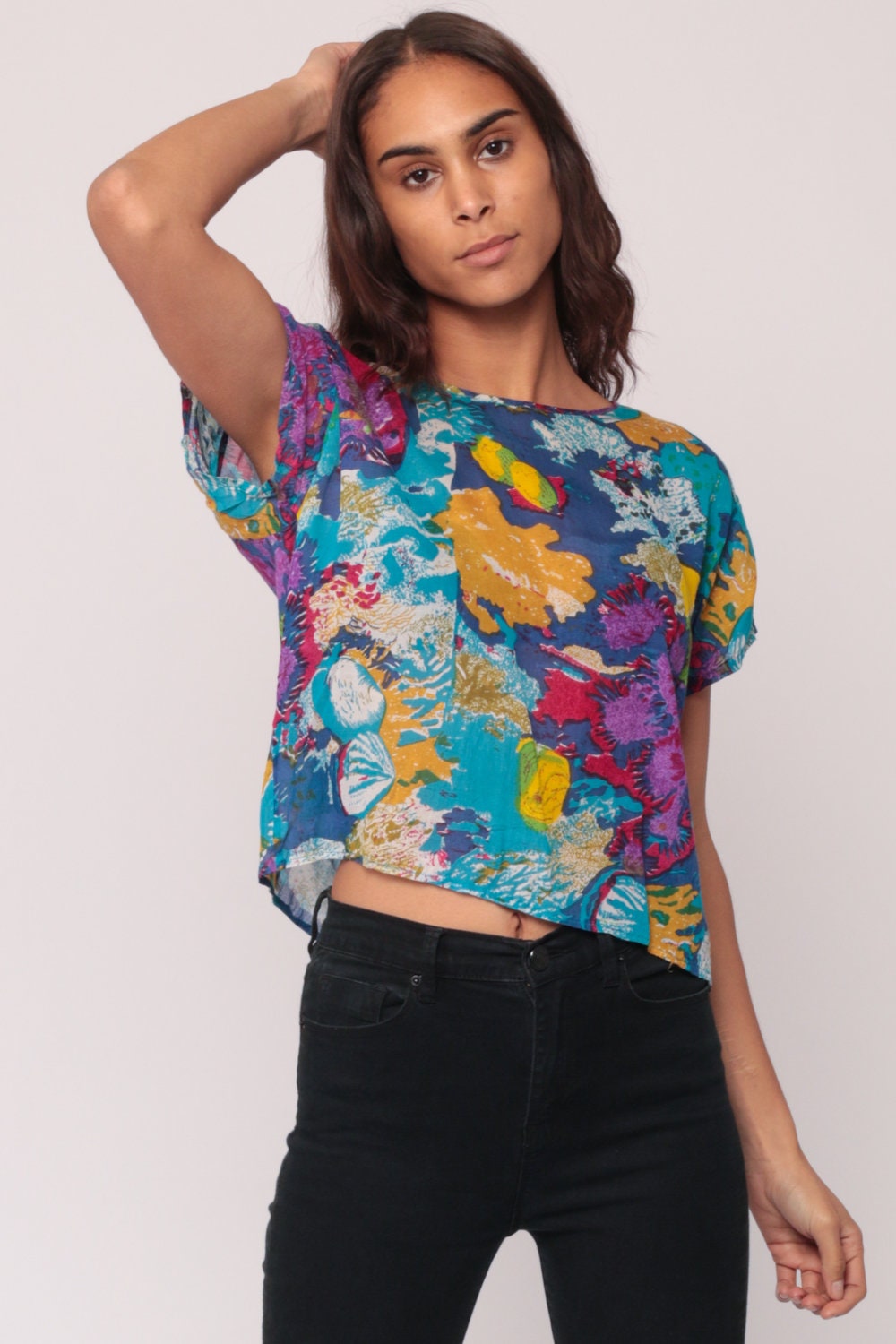 90s Under The Sea Graphic Tee Seashell Clam Print Semi-Sheer Medium