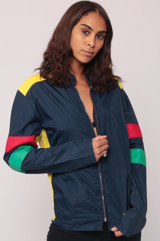 70s Roffe Windbreaker Jacket Navy Striped Lightweight Unisex Extra Small