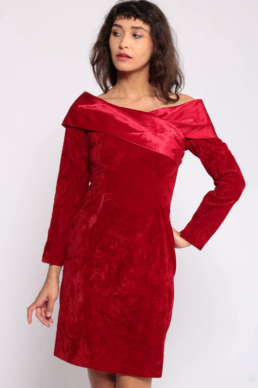 80s Red Velvet Mini Dress Off-Shoulder Long Sleeve Sheath Cocktail Extra Small