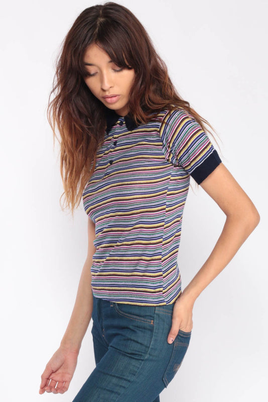 80s Rainbow Striped Polo Shirt Gold Metallic Half Button Short Sleeve Extra Small