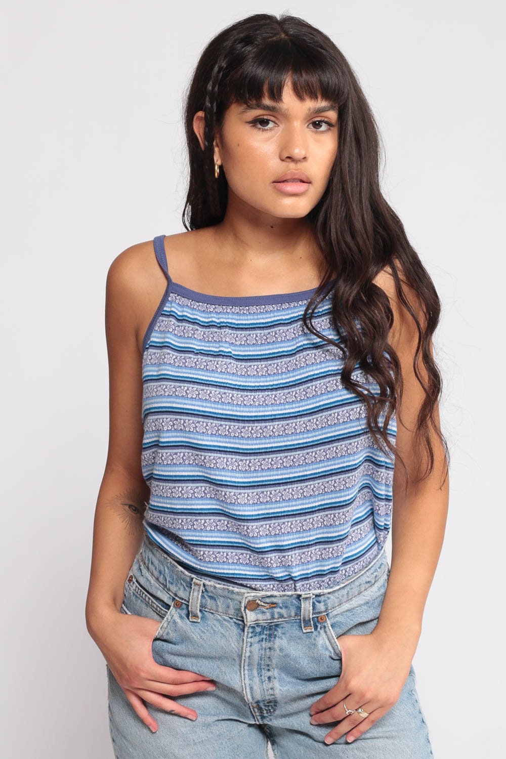 90s Floral Striped Tank Top Spaghetti Strap Camisole Blue Large