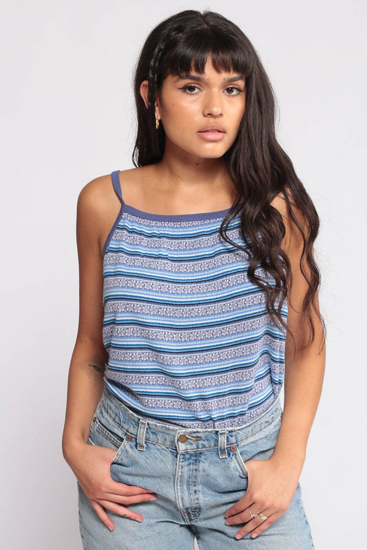 90s Floral Striped Tank Top Spaghetti Strap Camisole Blue Large