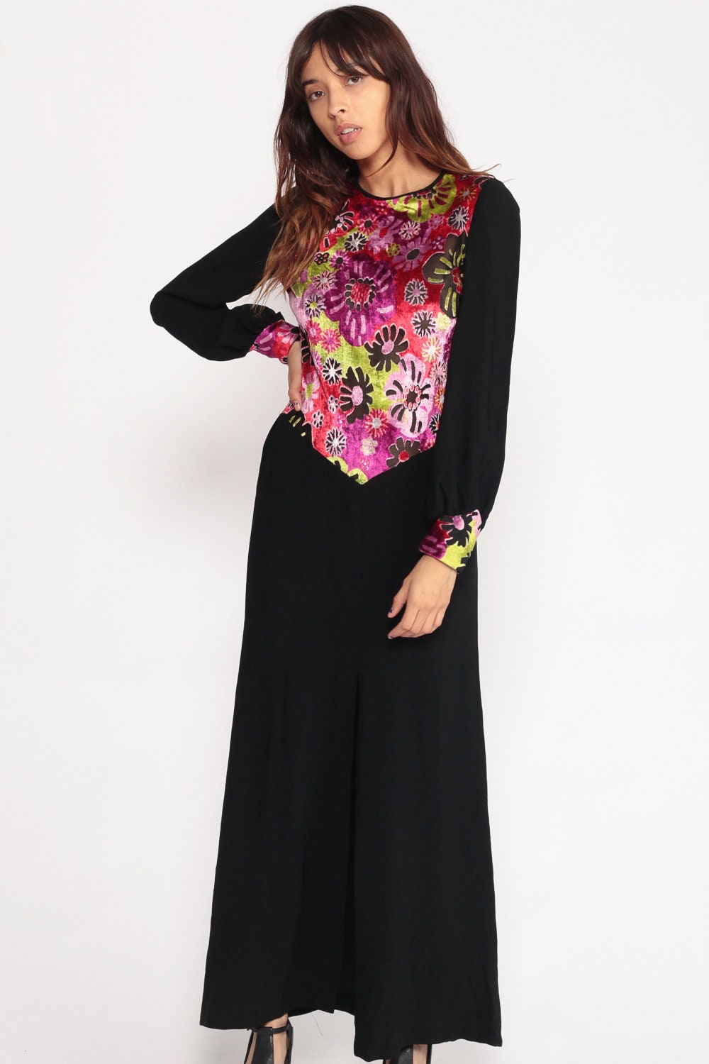 70s Velvet Burnout Floral Maxi Dress High Slit Long Sleeve Black Purple Medium