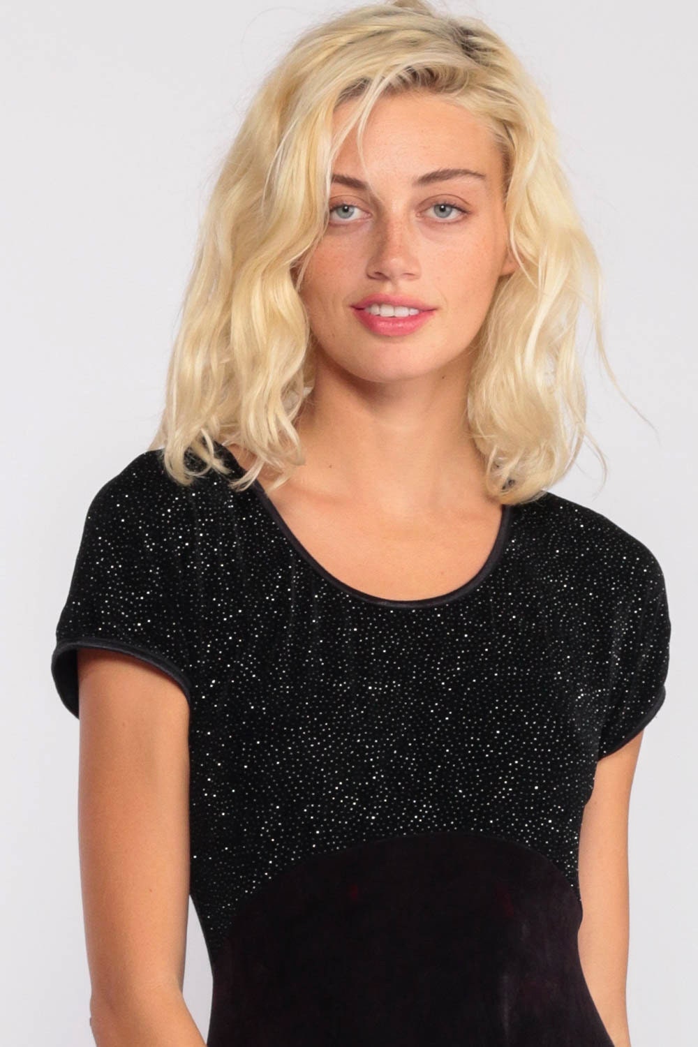 90s Black Metallic Babydoll Mini Dress Empire Waist Short Sleeve Medium