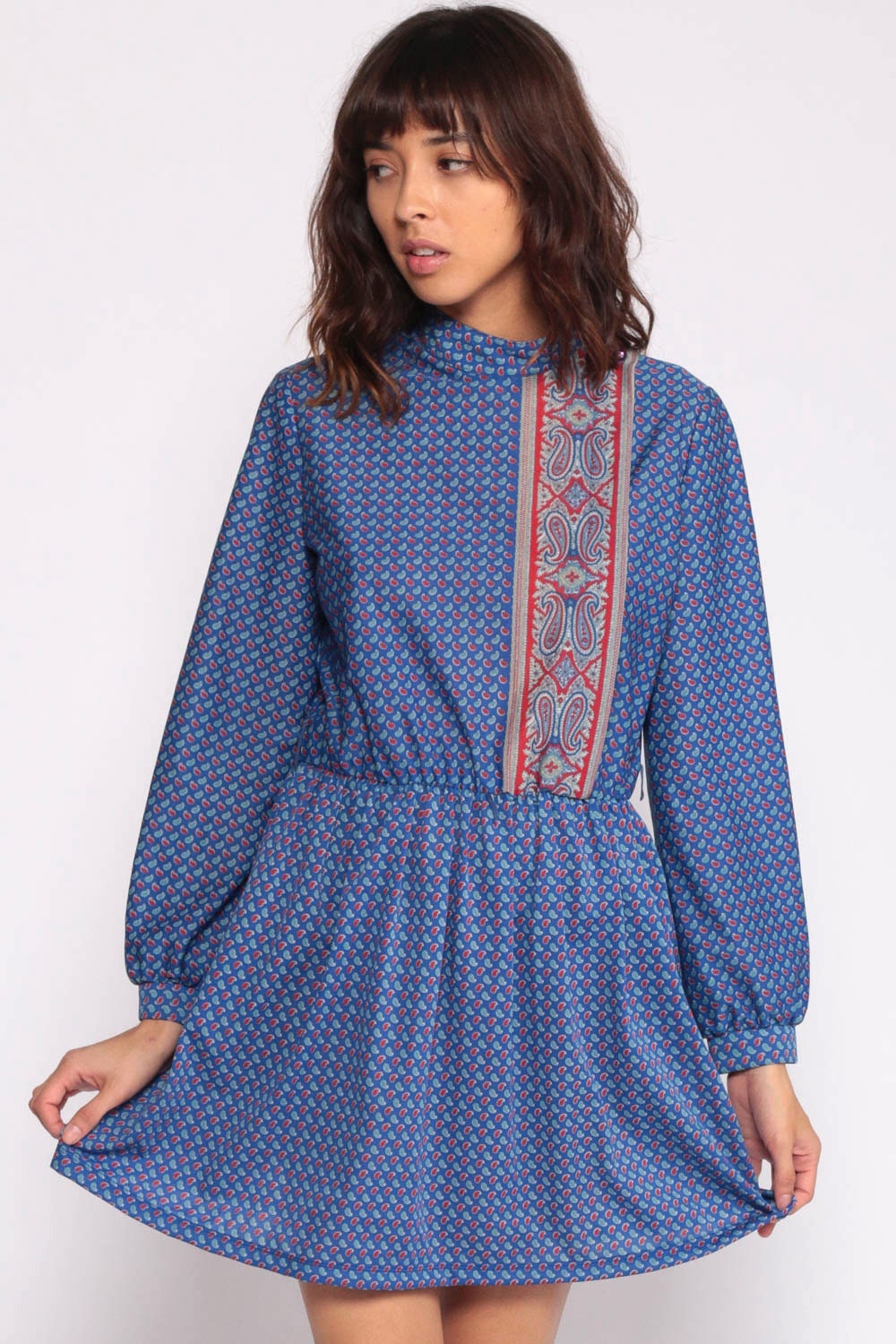 70s Paisley Print Midi Dress Blue Red Button-Up Long Sleeve Medium Large