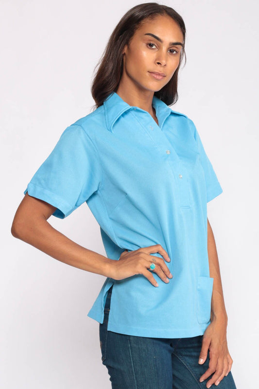 70s Wally's Linger Bar Uniform Shirt Baby Blue Button Up Medium Large