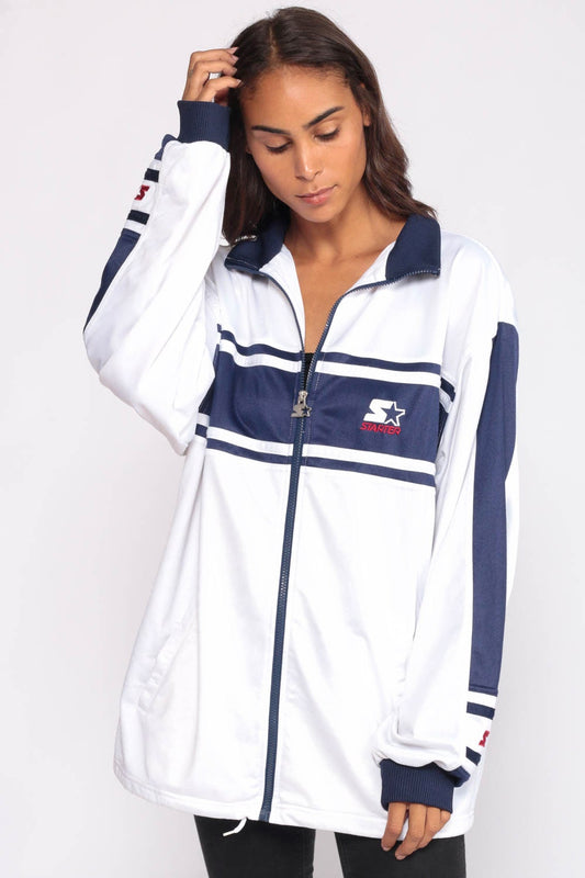 90s Starter Track Jacket White Blue Striped Zip-Up Medium Large