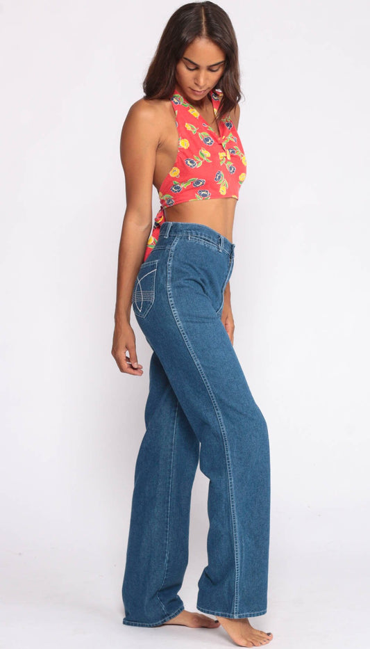 70s High Waisted Wide Leg Blue Denim Jeans Straight Leg Extra Small