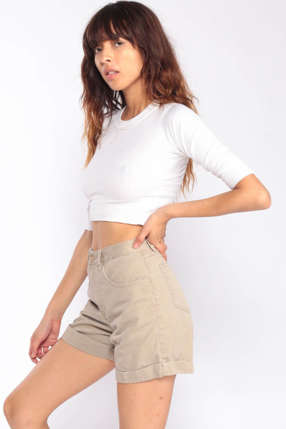 Calvin Klein Khaki Denim Shorts High Waisted Cuffed 90s Extra Small