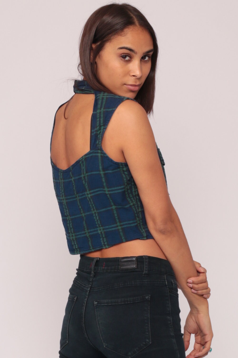 90s Blue Plaid Flannel Sleeveless Shirt Keyhole Backless Button Up Large