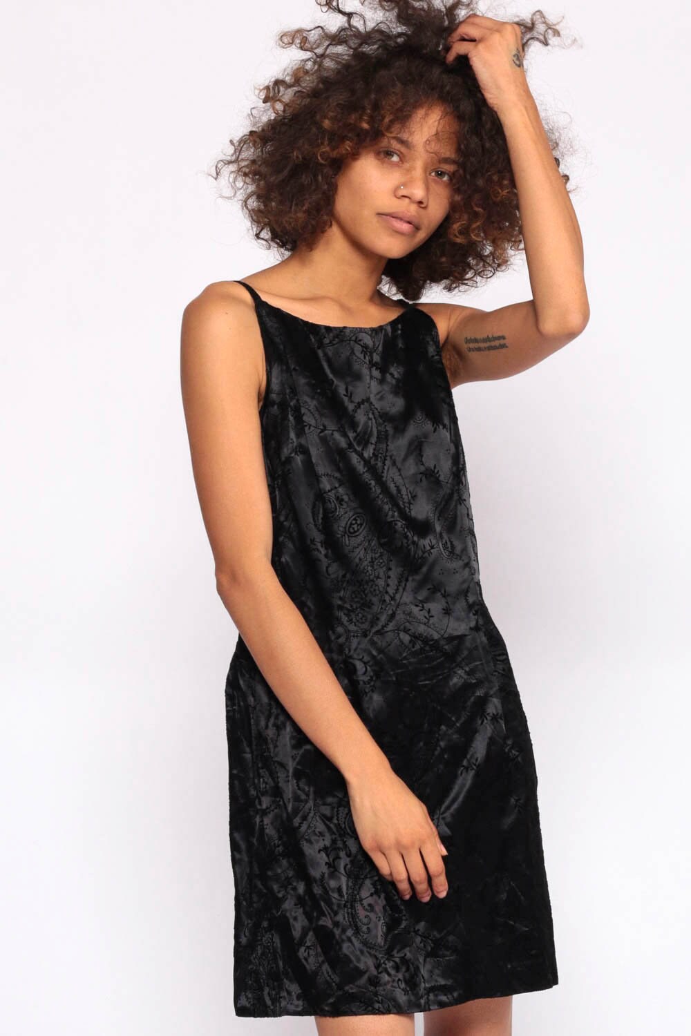90s Black Satin Mini Dress Paisley Flocked Velvet Sleeveless Shift Small