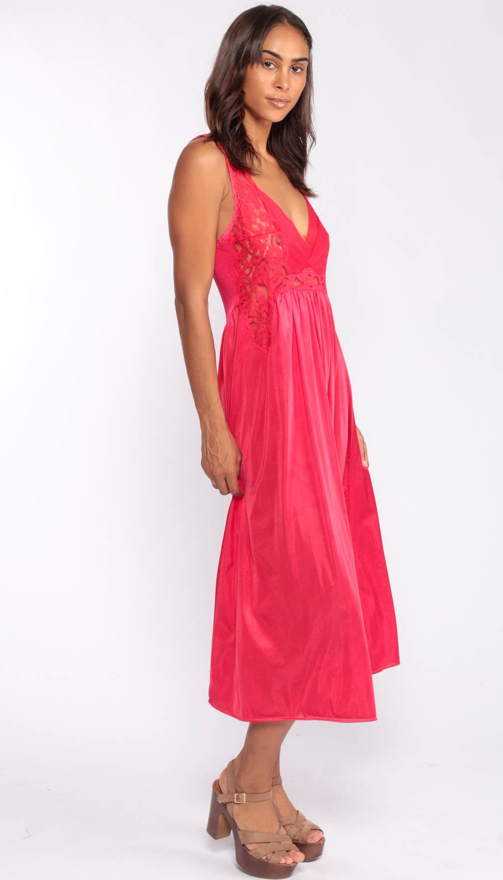 80s Red Lace Nightgown Midi Slip Dress Empire Waist Medium