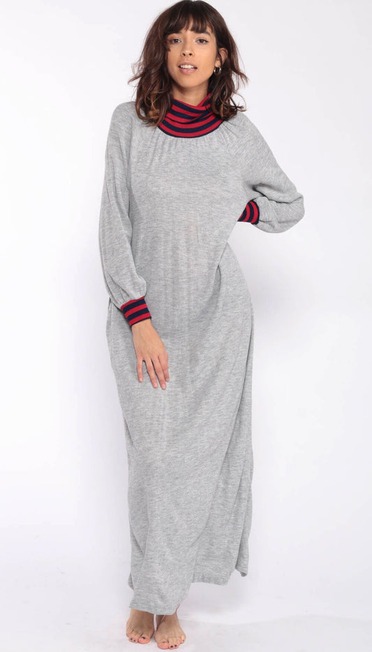 80s Grey Turtleneck Sweatshirt Dress Maxi Long Sleeve Medium