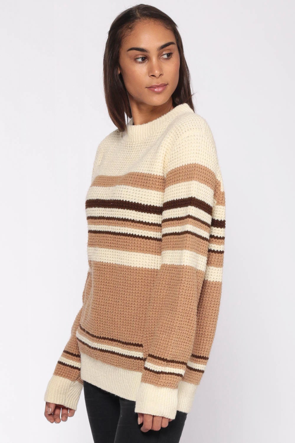 80s Cream Brown Striped Knit Pullover Sweater Unisex Small Medium