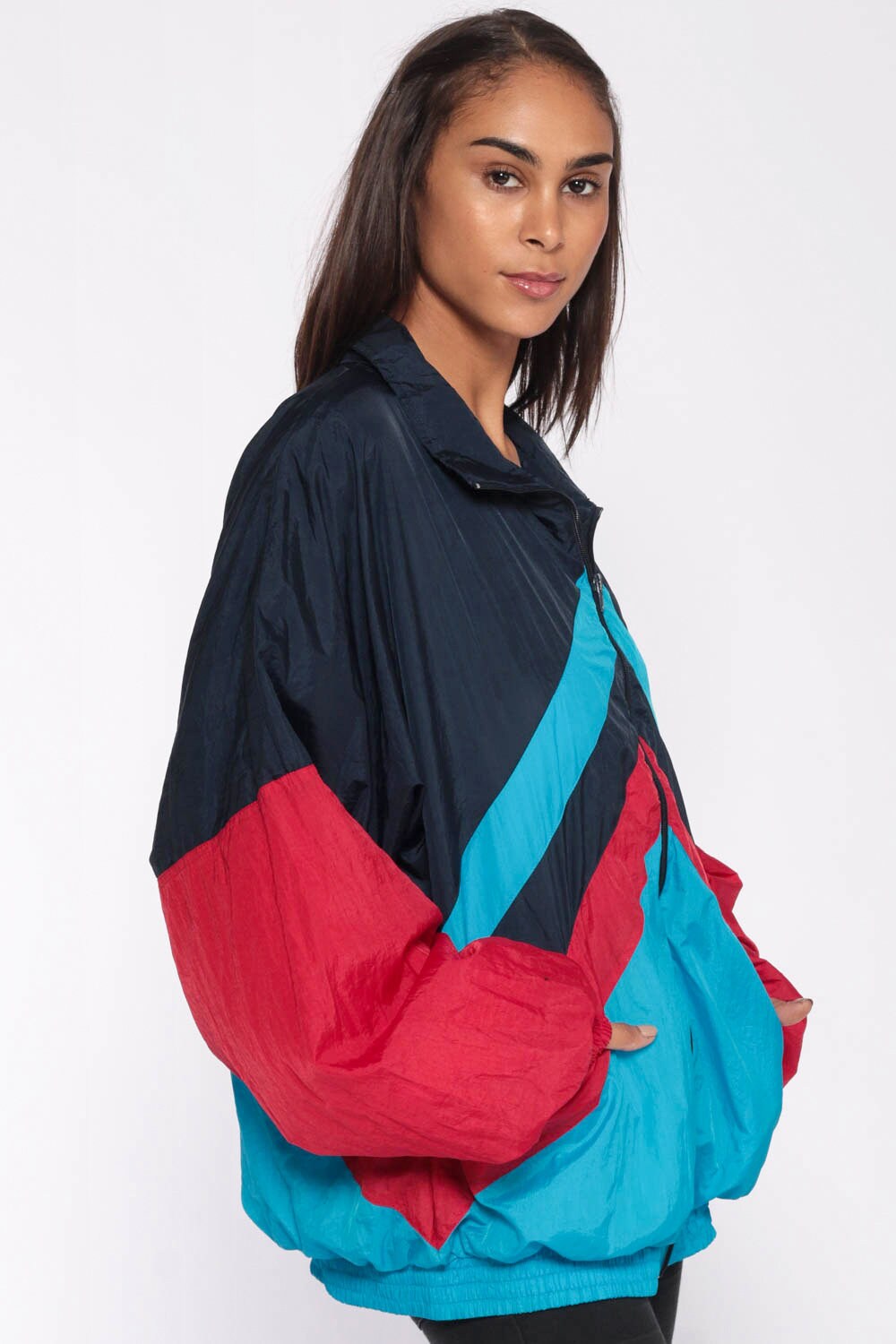 90s Spalding Windbreaker Jacket Navy Turquoise Colour Block Striped Extra Large