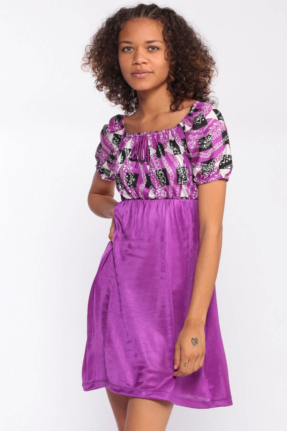 70s Purple Psychedelic Babydoll Mini Dress Empire Waist Extra Small