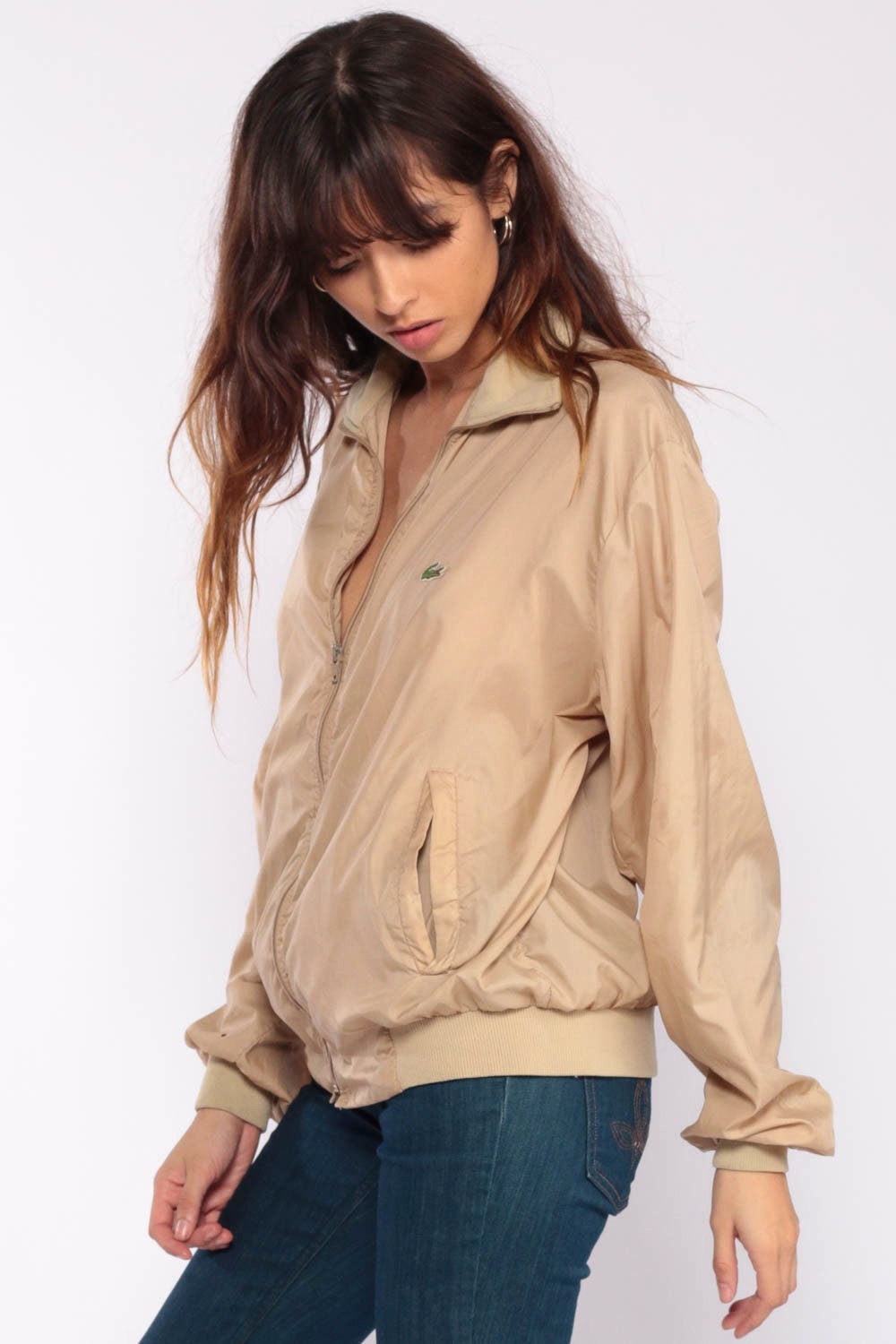 80s Lacoste Tan Windbreaker Jacket Crocodile Zip Bomber Large