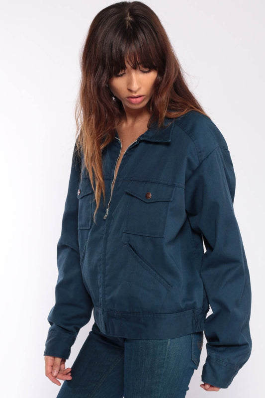 80s Dickies Navy Zip-Up Jacket Fuzzy Red Lining Workwear Extra Large XL