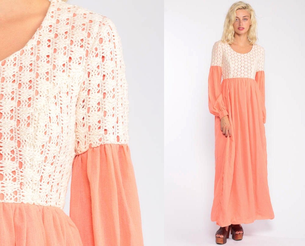 70s Crochet Lace Maxi Dress Peach Empire Waist Party Gown Extra Small
