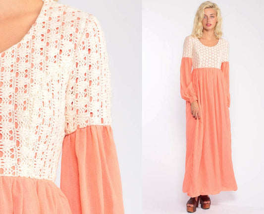 70s Crochet Lace Maxi Dress Peach Empire Waist Party Gown Extra Small