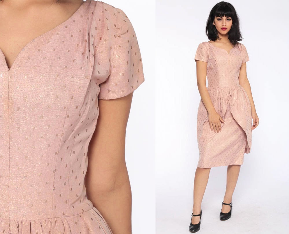 1950s Pink Metallic Tulip Skirt Party Dress Tea Length Extra Small XS