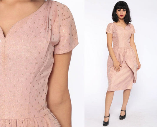 1950s Pink Metallic Tulip Skirt Party Dress Tea Length Extra Small XS