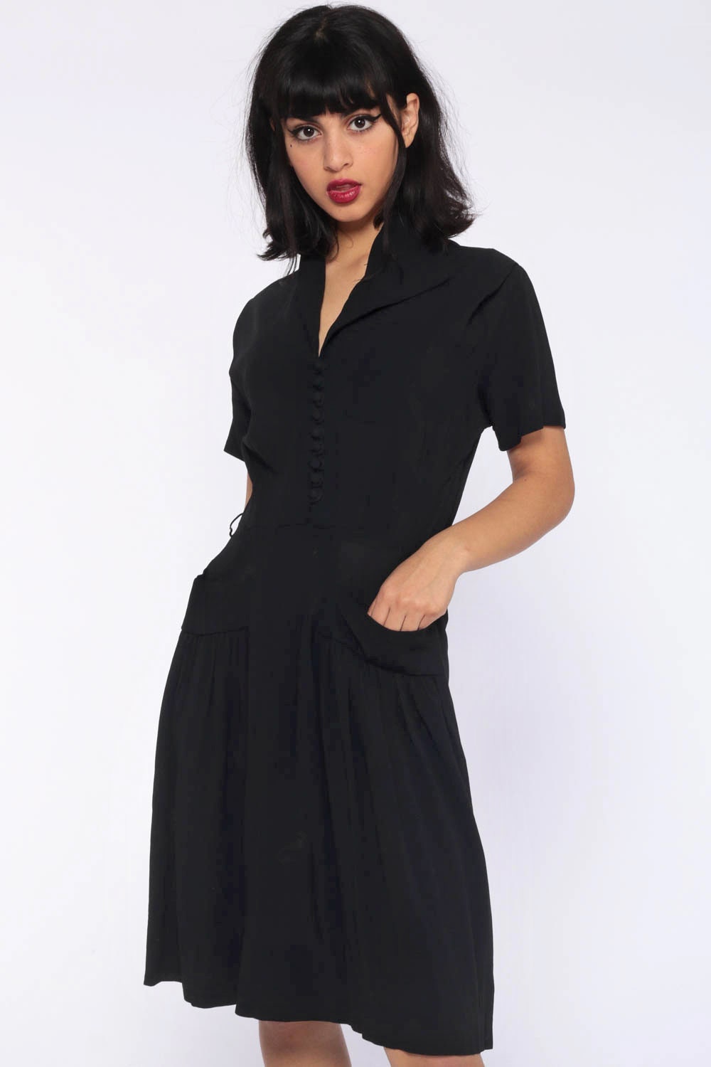 1940s Black Crepe Dress Asymmetrical Collar High Waist Midi Short Sleeve Extra Small
