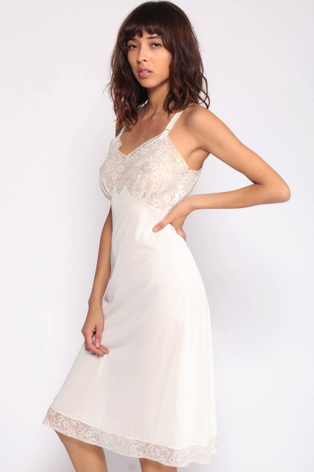 70s 80s Lace Slip Dress Off-White Midi Empire Waist Deep V Small