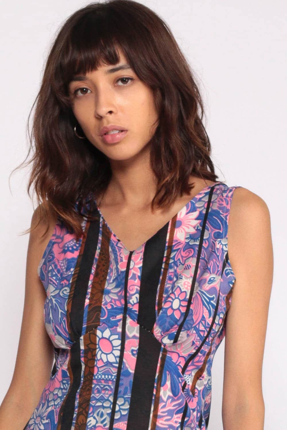 70s Purple Blue Floral Mini Dress Empire Waist Sheath Sleeveless Medium