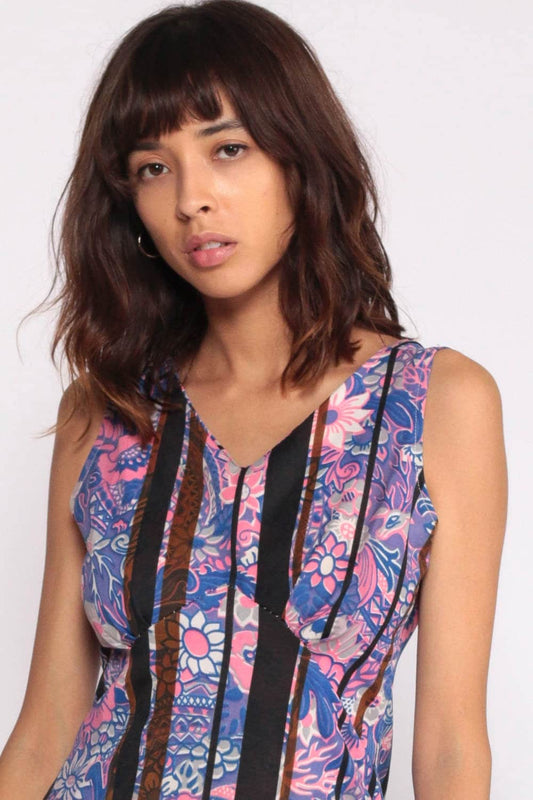 70s Purple Blue Floral Mini Dress Empire Waist Sheath Sleeveless Medium