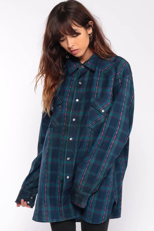 80s Pendleton Blue Plaid Pearl Snap Western Shirt Extra Large XL