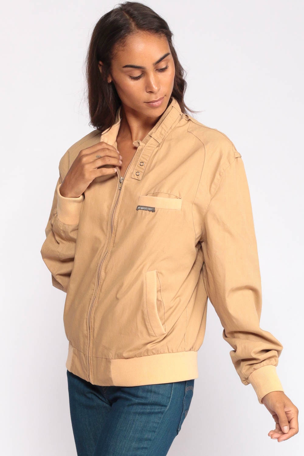 80s Members Only Bomber Jacket Tan Windbreaker Epaulette Medium Large