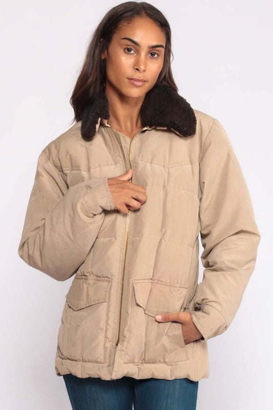 70s 80s Tan Down Puffer Jacket Sherpa Collar Ski Coat Medium Large