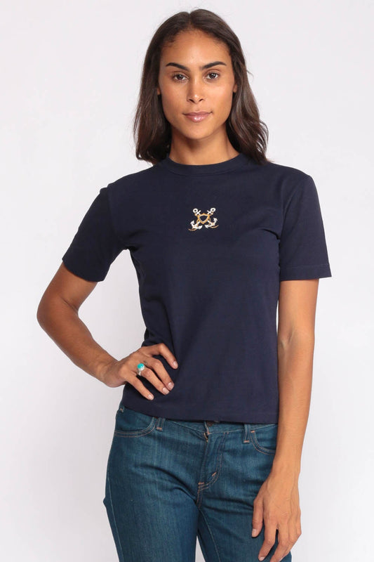 70s Nautical Anchor Print T-Shirt Navy Short Sleeve Vintage Tee Small