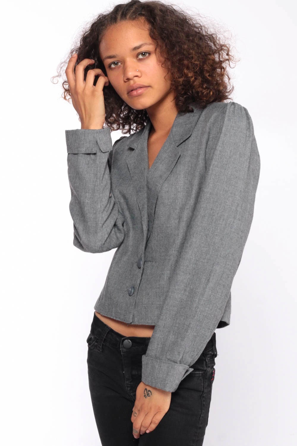 80s Wrangler Puff Sleeve Blazer Grey Jacket Extra Small XS