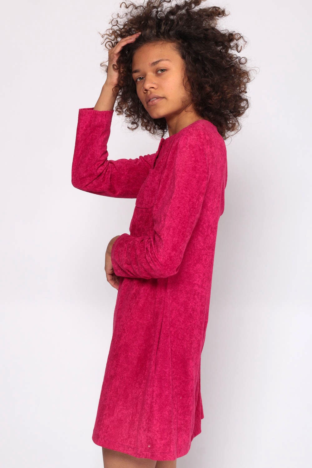 80s Hot Pink Terry Cloth Mini Dress Button Front Long Sleeve Shift Small