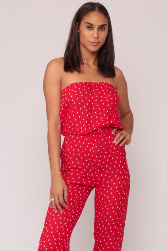80s Strapless Jumpsuit Red Geometric High Waist Tapered Pant Small