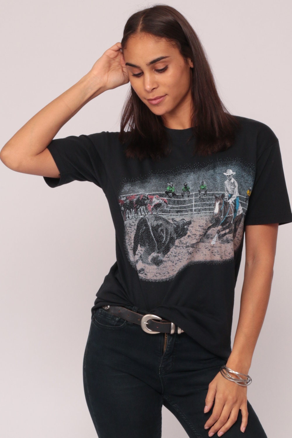 80s Cowboy Rodeo Horse Graphic T-Shirt Black Unisex Medium