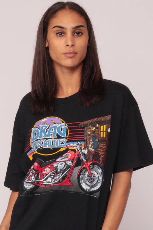90s Drag Specialties Motorcycle Graphic T-Shirt Black Biker Unisex Large
