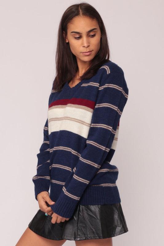 80s Striped V-Neck Sweater Navy Blue Red White Knit Pullover Medium