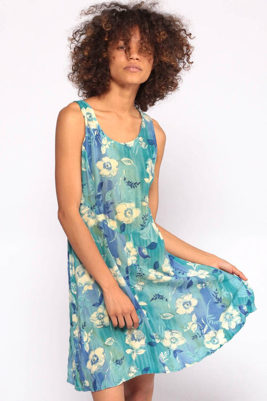 90s Floral Mini Dress Blue Yellow Sleeveless Sheath Corset Back Small Medium