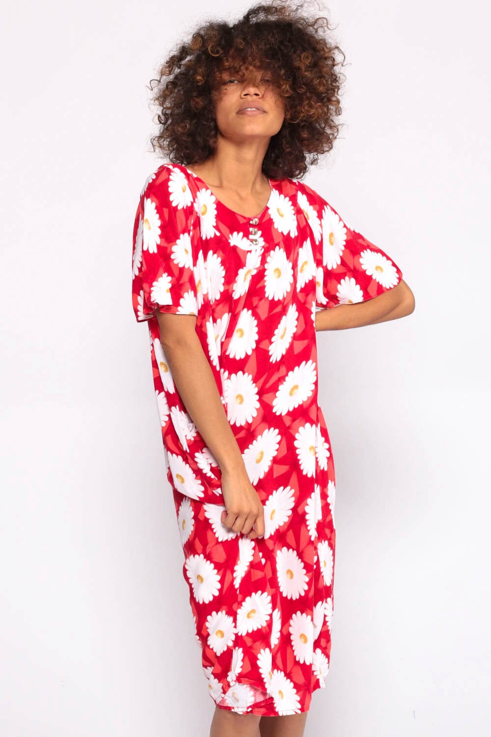 90s Red Floral Midi Dress Rayon Trapeze Shirt Dress White Print Small