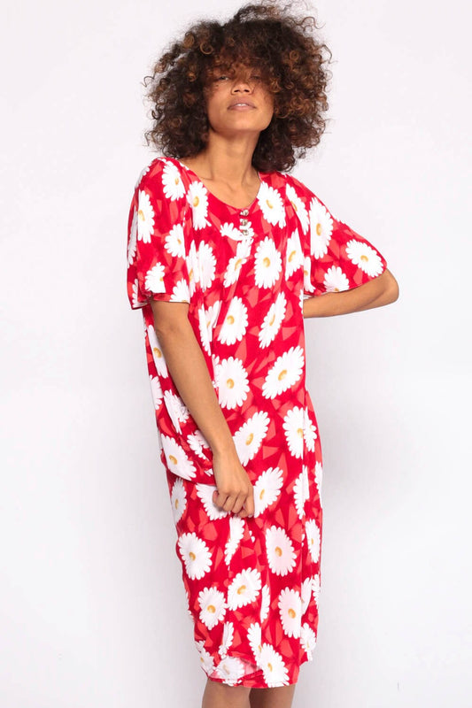 90s Red Floral Midi Dress Rayon Trapeze Shirt Dress White Print Small