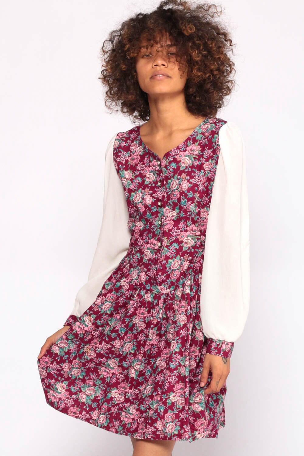 80s Floral Mini Dress Puff Sleeve Button-Up White Pink Small