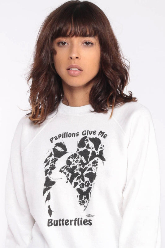 80s Butterfly Papillions Sweatshirt White Graphic Crewneck Extra Small