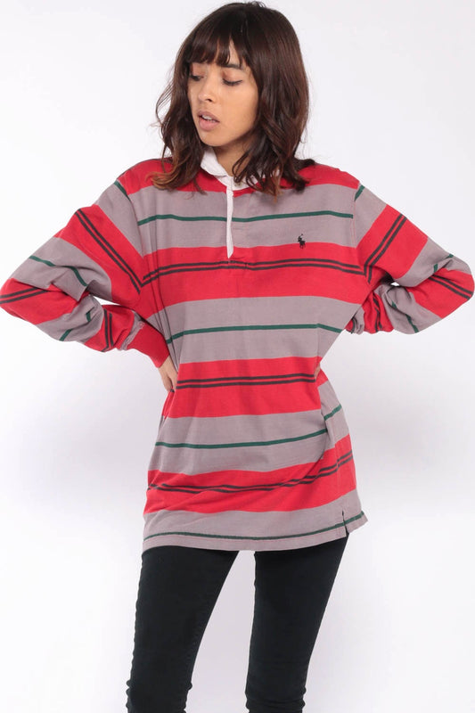 Ralph Lauren Polo Sport 90s Striped Long Sleeve Shirt Grey Large