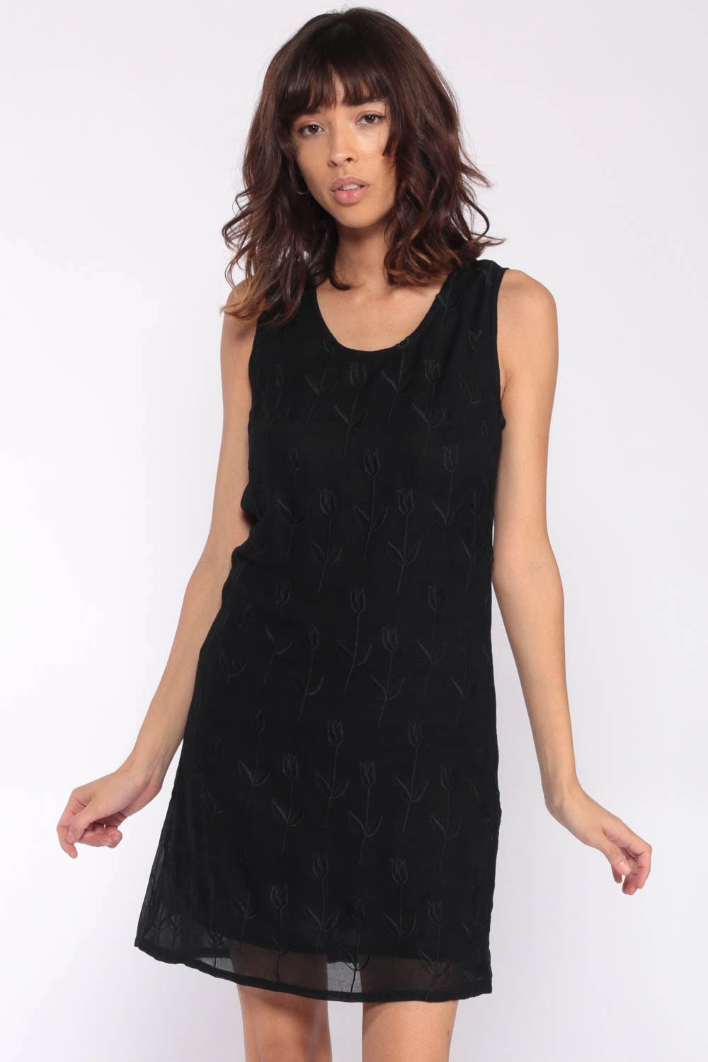 90s Black Floral Embroidered Viscose Mini Shift Dress Sleeveless Small