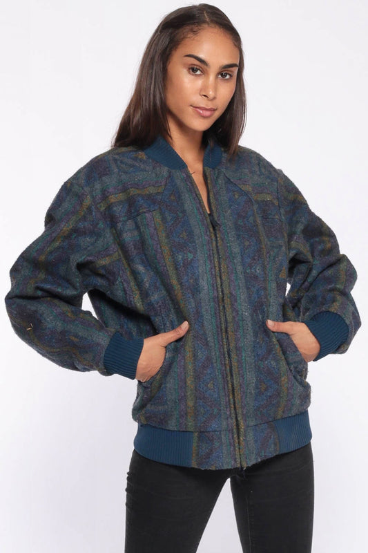 80s Southwestern Tribal Print Blue Bomber Jacket Unisex Medium Large
