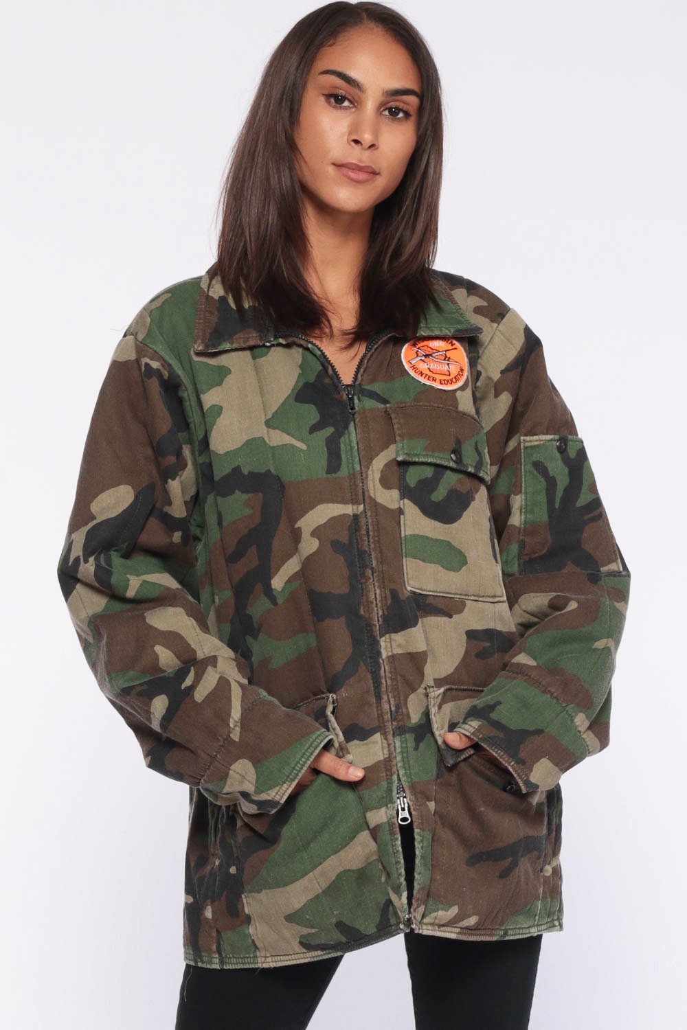 Vintage Camo Hunting Jacket Wisconsin Hunter Patch Unisex Medium Large