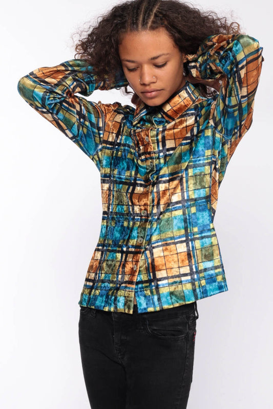 90s Plaid Velvet Button-Up Blouse Blue Long Sleeve Small